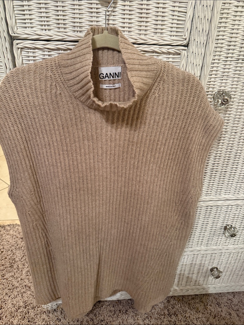 Ganni Beige Ribbed Sleeveless Turtleneck Sweater Vest